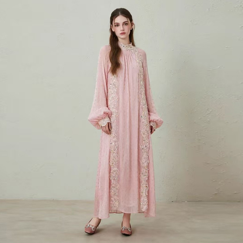 2026 Heavy Industry Nail Bead Lace Embroidered Lantern Sleeve Loose Style Dress 2026 Heavy Industry Nail Bead Lace Embroidered Lantern Sleeve Loose Style Dress