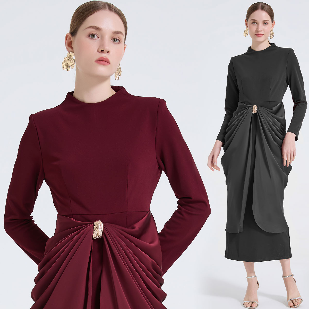 Realistic high-end design with pleated waist, high waist, slim fit dress, metal buckle decoration, elegant long skirt