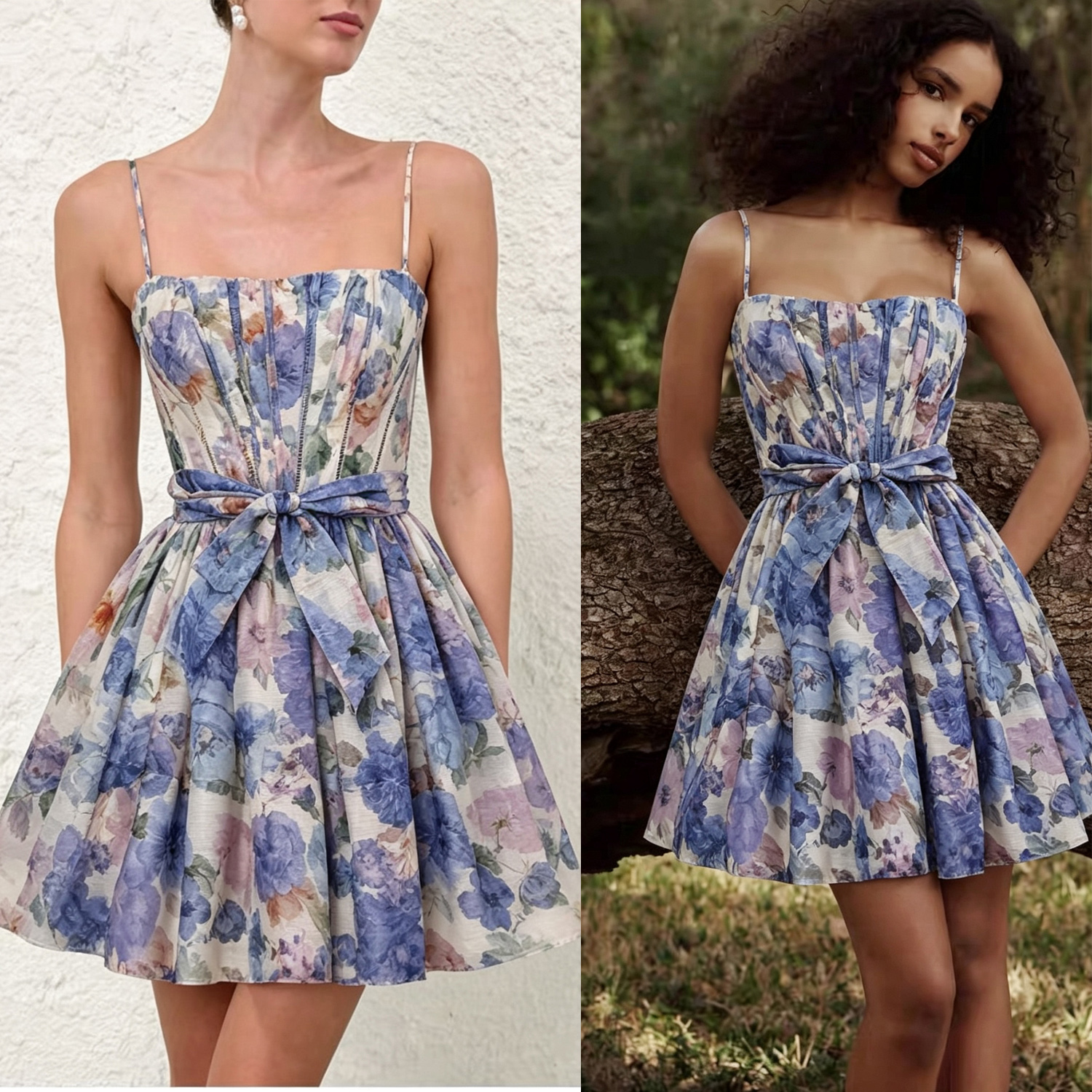 Australian summer vintage printed high waisted lace up holiday style fluffy short dress printed sleeveless camisole skirt