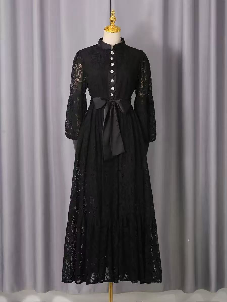 Black lace lantern sleeve patchwork long skirt solid color palace style retro lace up dress long sleeved mid waist Black lace lantern sleeve patchwork long skirt solid color palace style retro lace up dress long sleeved mid waist