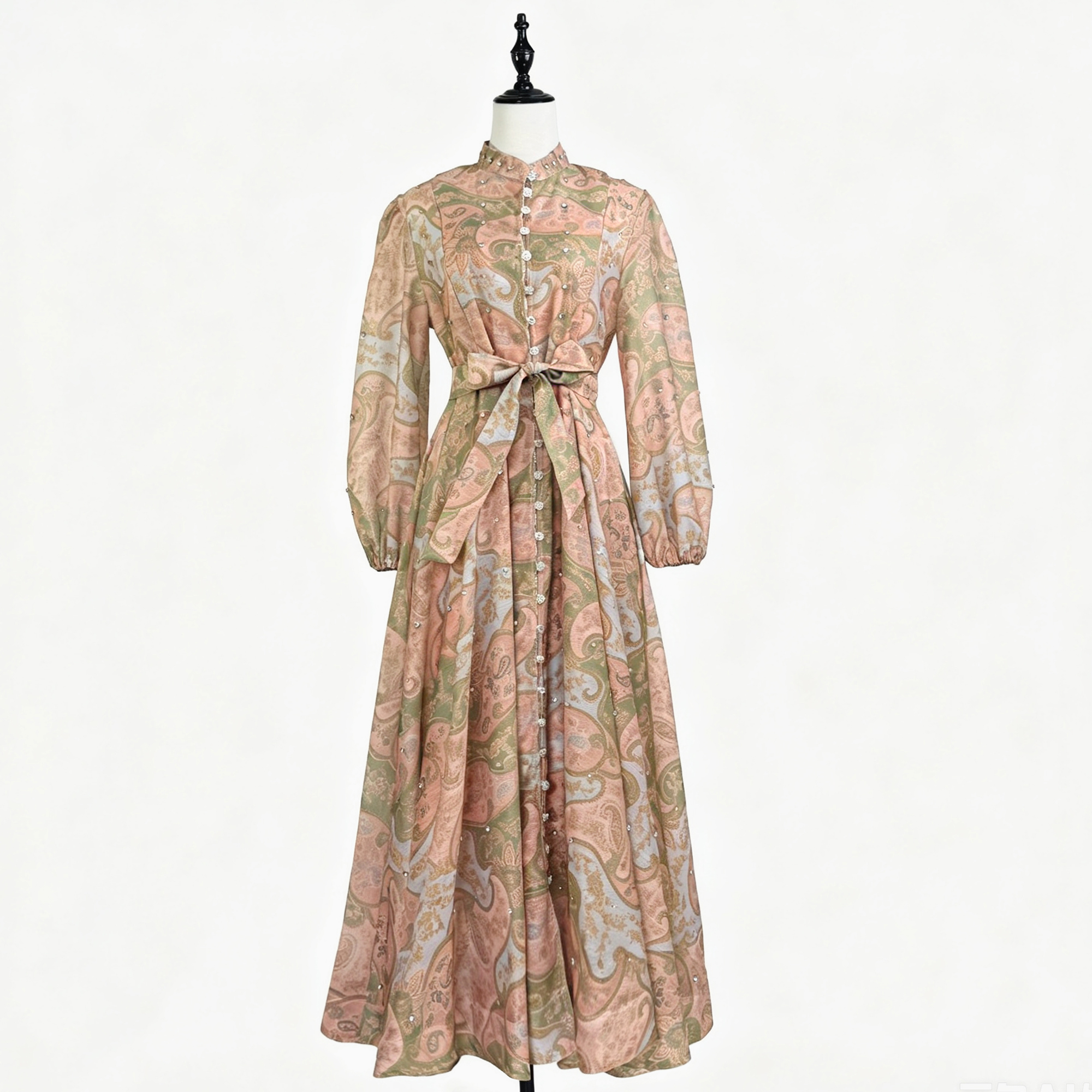 Australian retro print stand up collar lantern sleeves long sleeves heavy studded beads elegant socialite temperament two-piece dress long Australian retro print stand up collar lantern sleeves long sleeves heavy studded beads elegant socialite temperament two-piece dress long