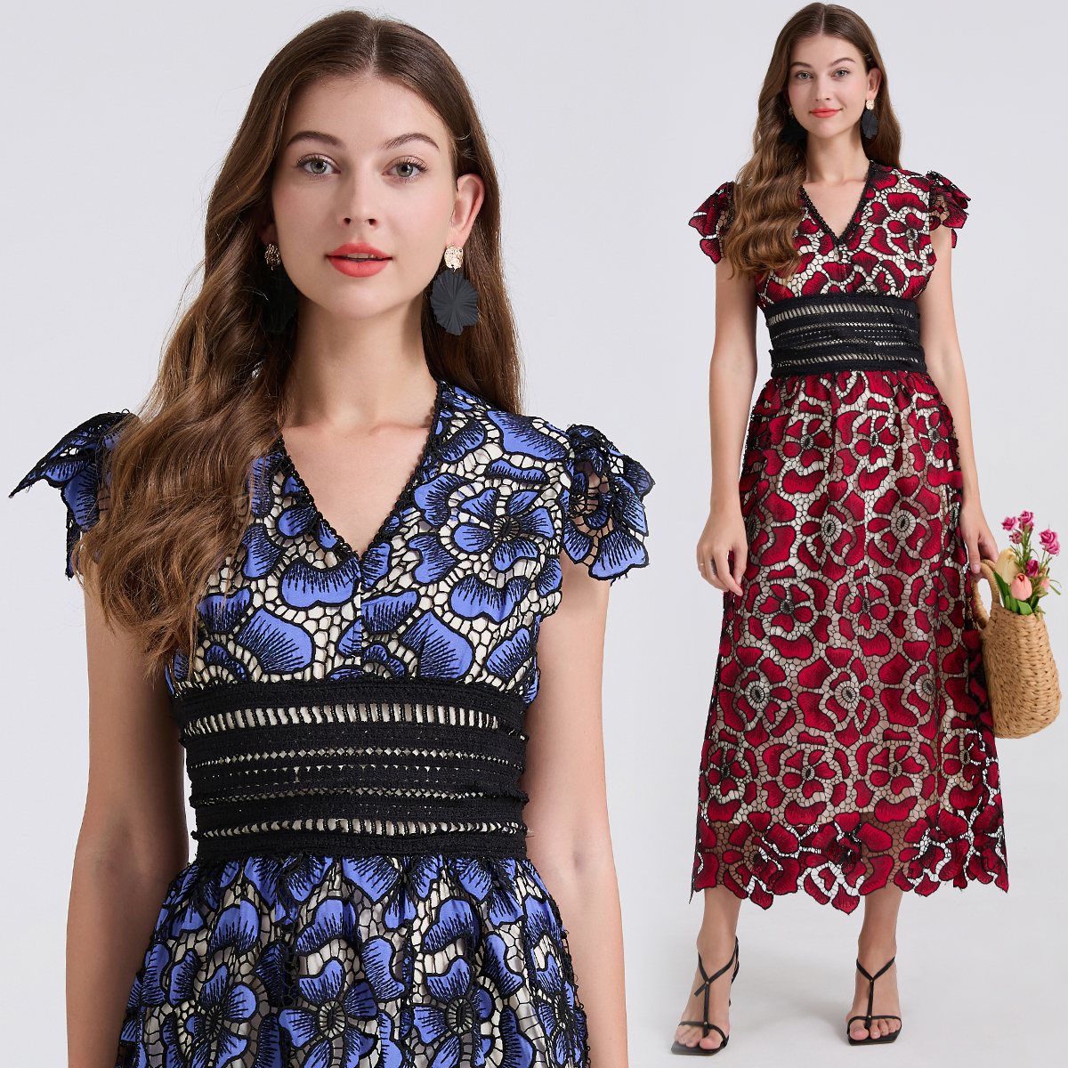 Realistic shooting of heavy-duty three-dimensional flower cutting splicing lace flying sleeves high waisted dress slim fit A-line skirt