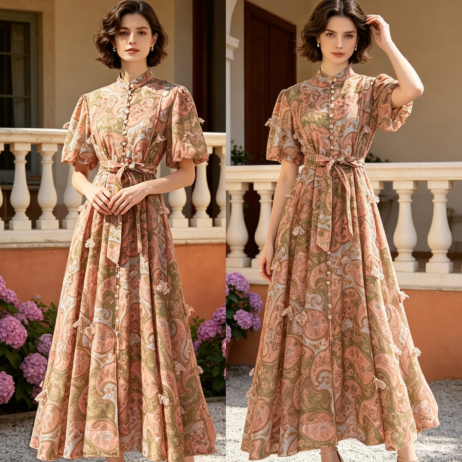 Australian New Elegant Women's Retro Printed Heavy duty Handmade Flower Decoration Waist Swing Dress Long Skirt Australian New Elegant Women's Retro Printed Heavy duty Handmade Flower Decoration Waist Swing Dress Long Skirt