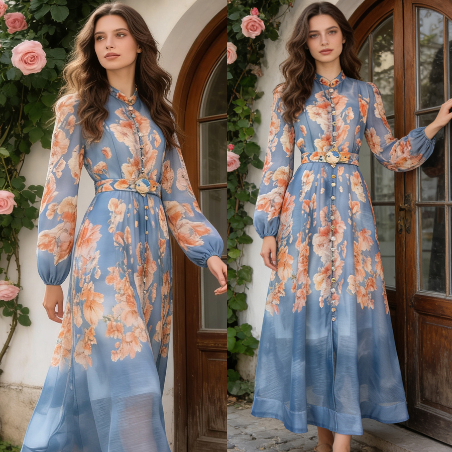 French high-end two-piece dress with retro print stand up collar lantern sleeves and waist cinching big swing dress, long skirt French high-end two-piece dress with retro print stand up collar lantern sleeves and waist cinching big swing dress, long skirt
