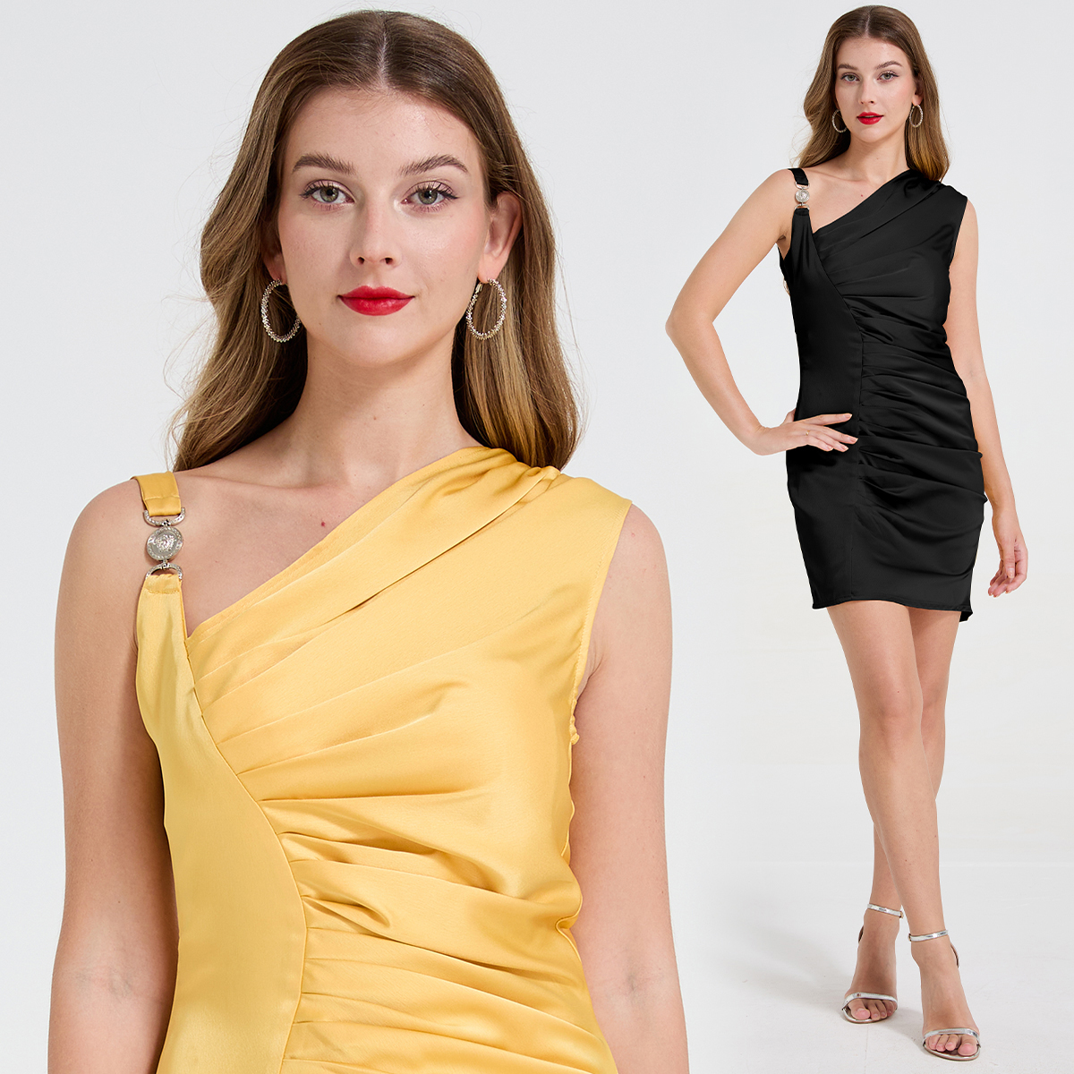 Real shooting of spring and summer new products: satin asymmetric design, cut, hip hugging one-piece skirt, metal buckle pleated skirt