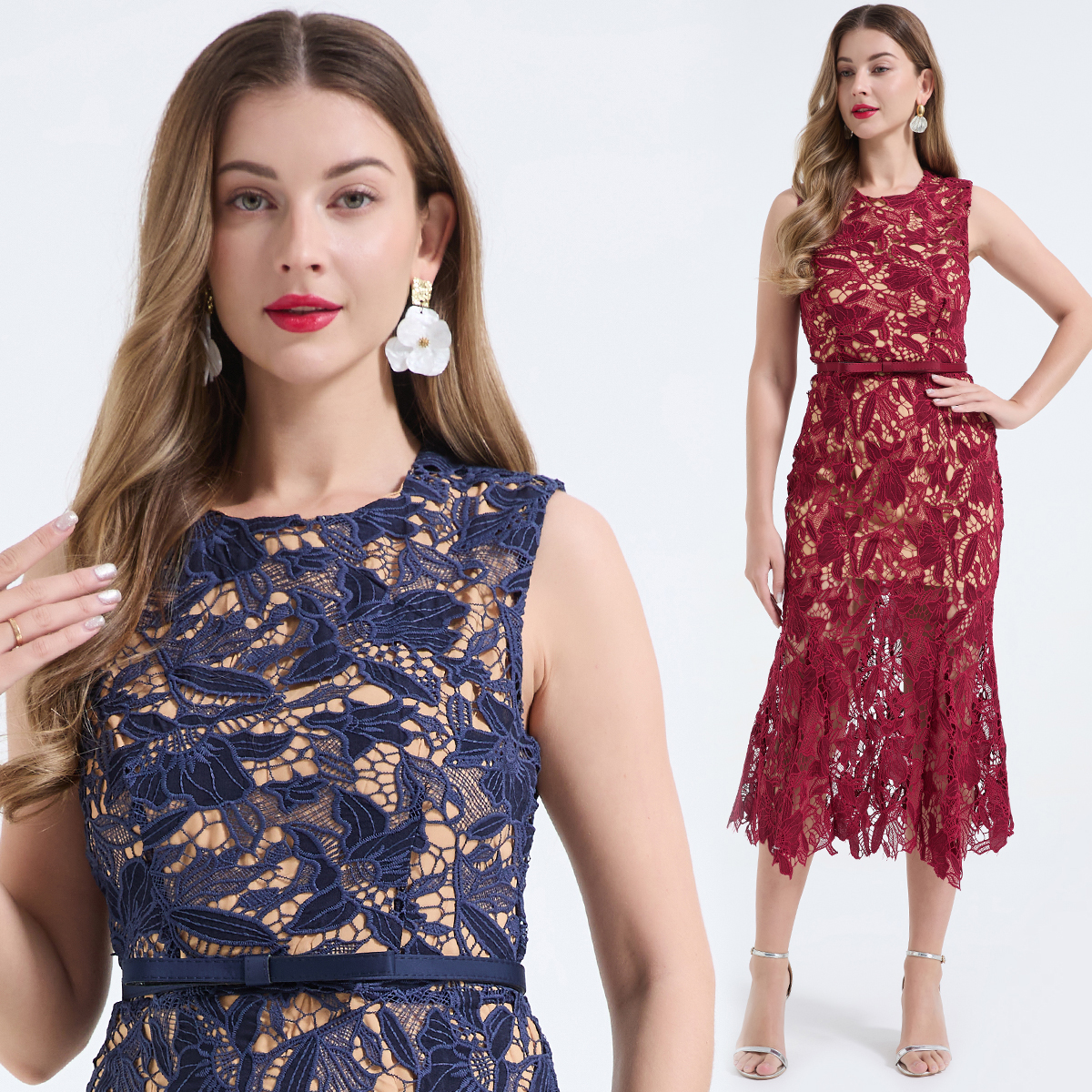 Real shot of Heavy Industry's three-dimensional water-soluble lace hollow out sleeveless waist fish tail dress, slim fit high waisted dress