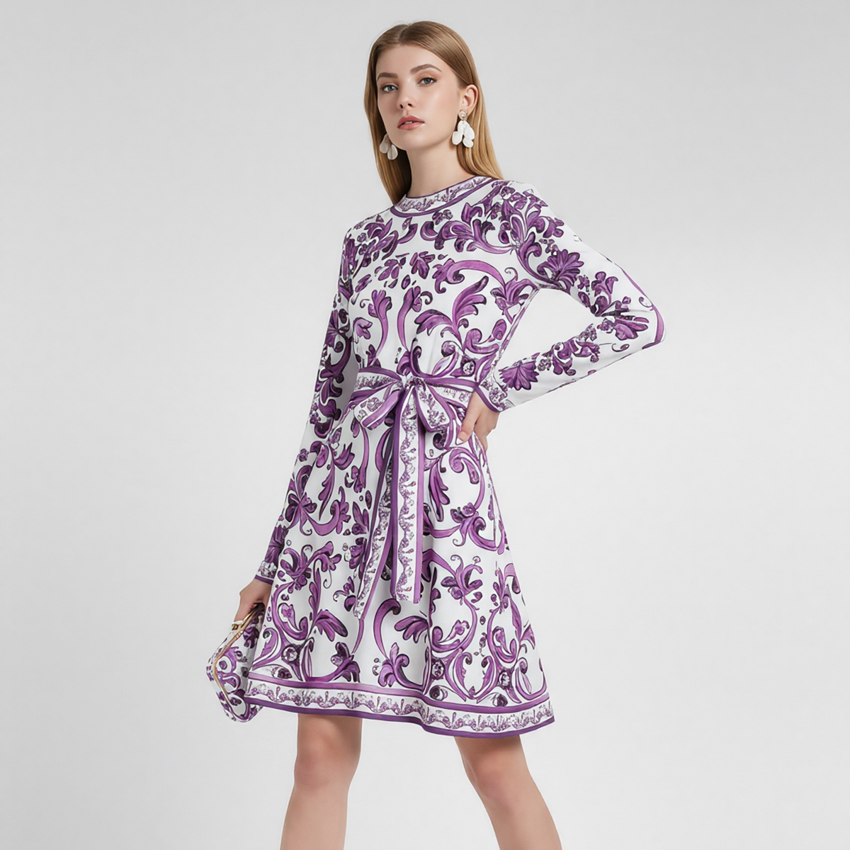 Real time shooting of European and American positioning printed short sleeved dress, high waist slim fit round neck bow tie tied skirt Real time shooting of European and American positioning printed short sleeved dress, high waist slim fit round neck bow tie tied skirt