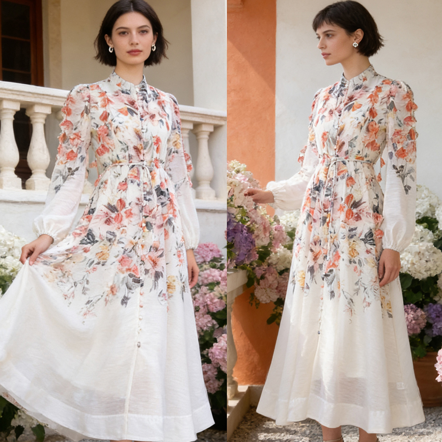 Australian niche 2026 summer elegant stand up collar single breasted heavy industry floral fringe two-piece dress long skirt Australian niche 2026 summer elegant stand up collar single breasted heavy industry floral fringe two-piece dress long skirt