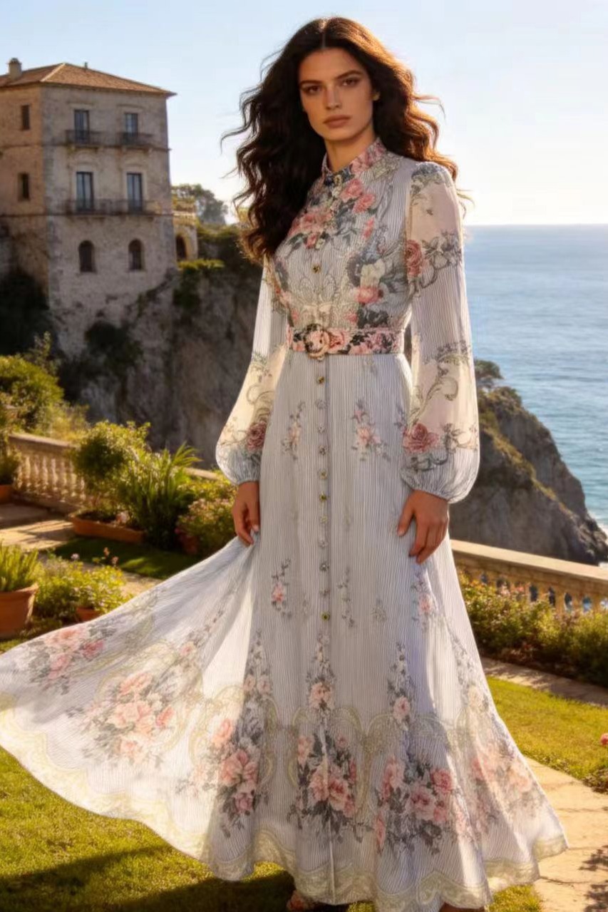 French high-end two-piece dress with retro print stand up collar lantern sleeves and waist cinching big swing dress, long skirt French high-end two-piece dress with retro print stand up collar lantern sleeves and waist cinching big swing dress, long skirt