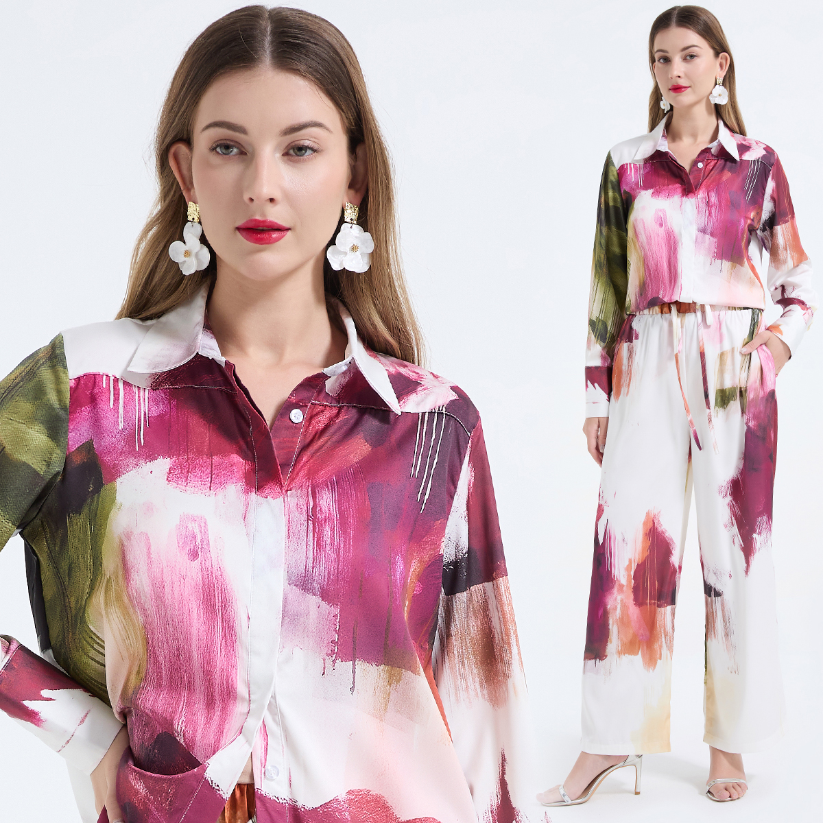 Real time shooting of spring and summer blended printed long sleeved loose shirt+loose wide leg pants fashion two-piece set