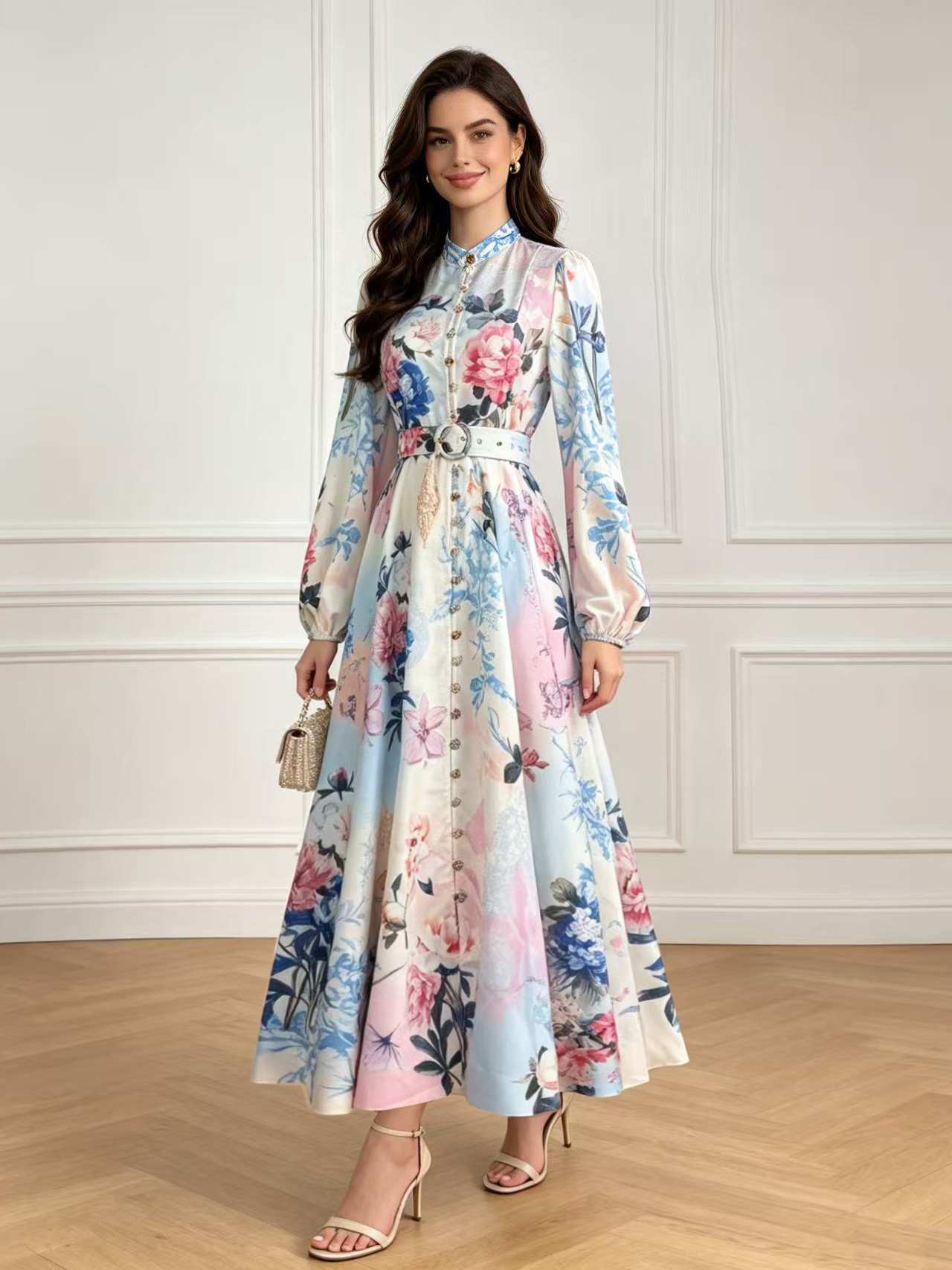 Australian new French retro style stand up collar lantern sleeve single breasted printed dress, four season new long skirt Australian new French retro style stand up collar lantern sleeve single breasted printed dress, four season new long skirt