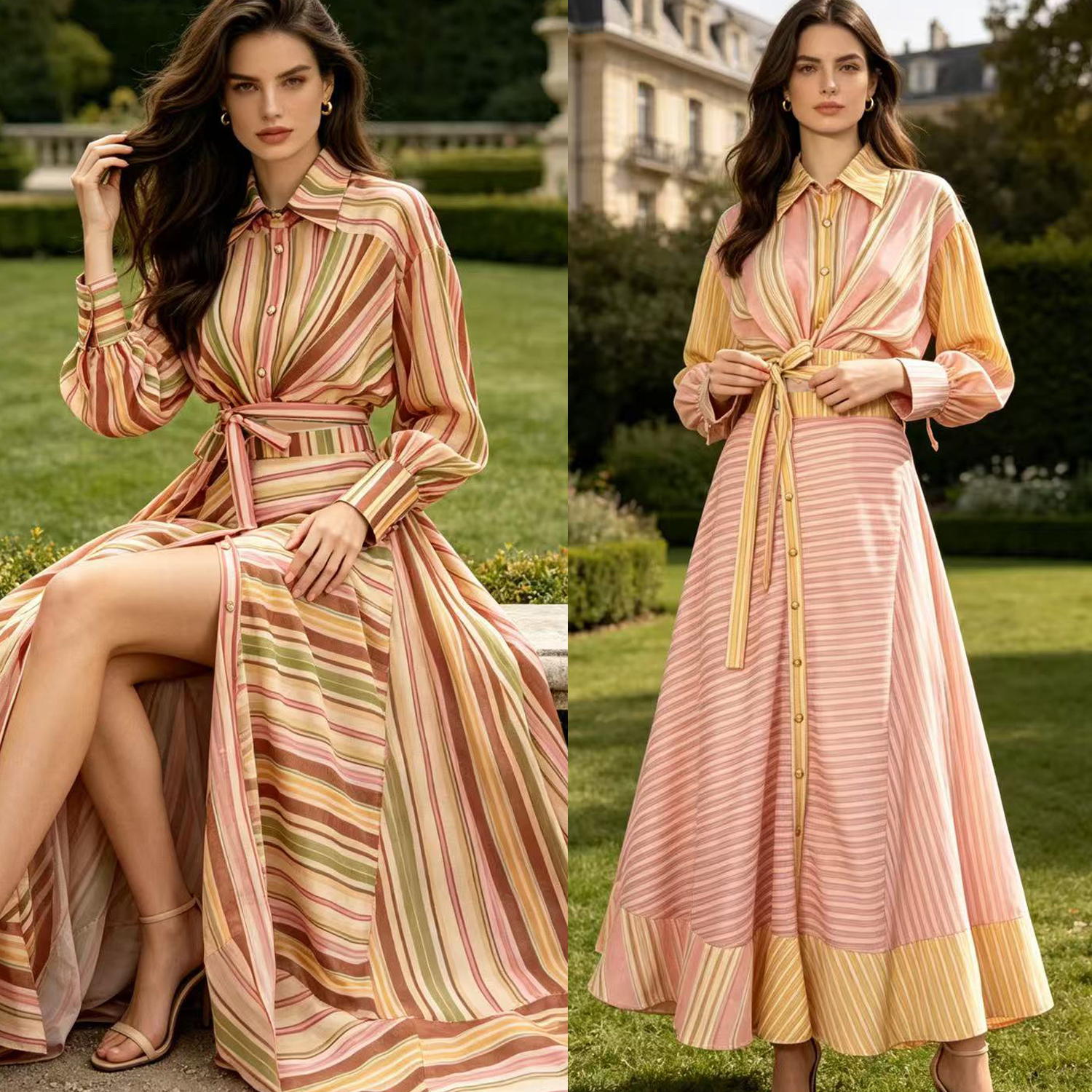 Australian Autumn Fashion Two Piece Set Skirt Collar Striped Shirt+Large Swing Half Skirt Casual Fashion Set