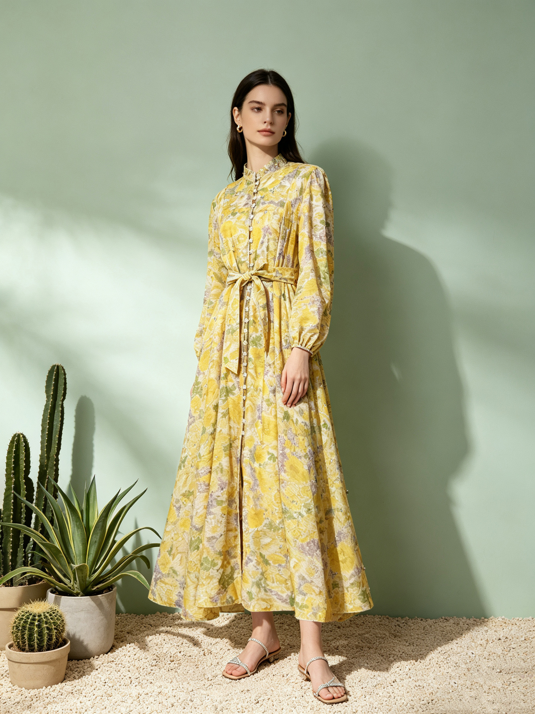 Classic European and American style women's clothing with polka dot stand up collar, single breasted lantern sleeves, heavy-duty nail drill waist cinching, large swing dress, long skirt Classic European and American style women's clothing with polka dot stand up collar, single breasted lantern sleeves, heavy-duty nail drill waist cinching, large swing dress, long skirt