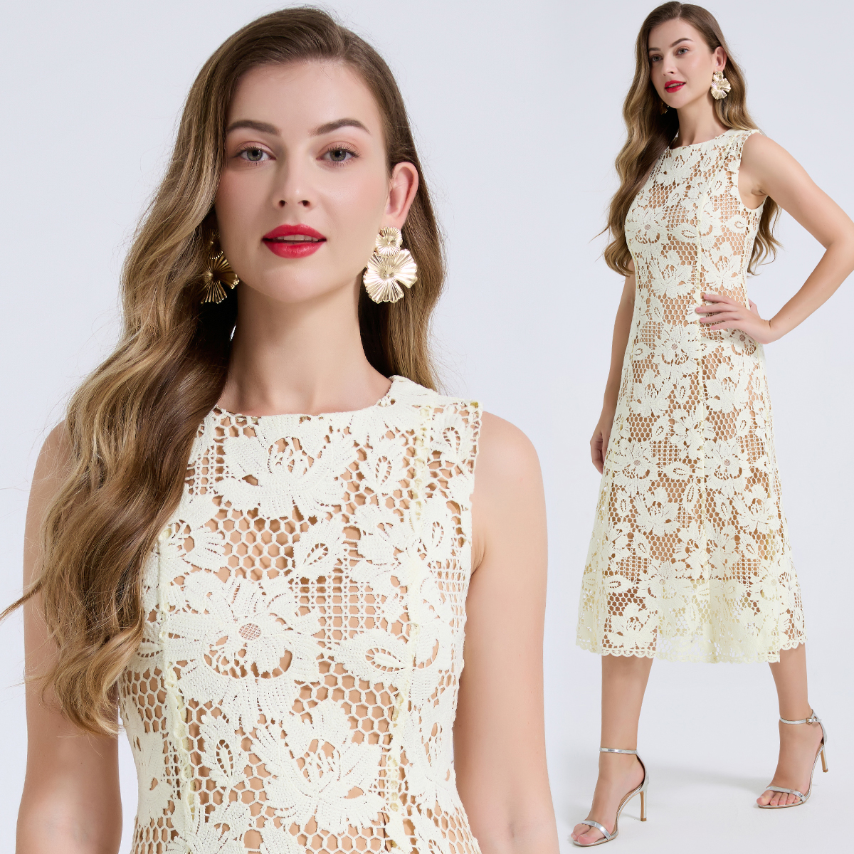 Realistic shooting of simple and elegant round neck slim fit waist cinching three-dimensional water-soluble lace lace lace dress with hip wrap skirt