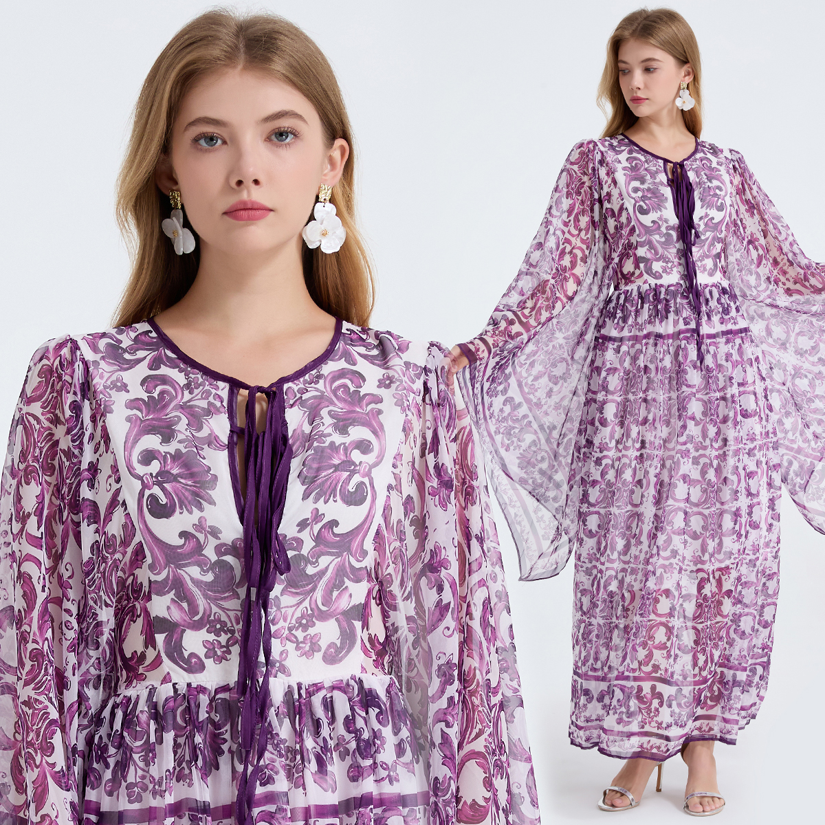 Real shot retro palace style tie with horn, long sleeved loose and large swing printed A-line skirt, Tencel long skirt