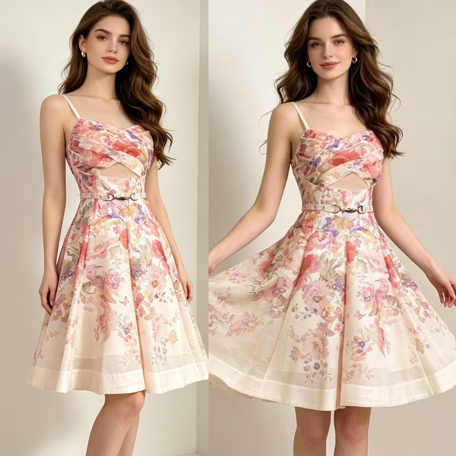 French style stunning pink printed sweet camisole dress for women in summer, hollowed out waist cinching and slimming, pleated and fluffy short skirt French style stunning pink printed sweet camisole dress for women in summer, hollowed out waist cinching and slimming, pleated and fluffy short skirt
