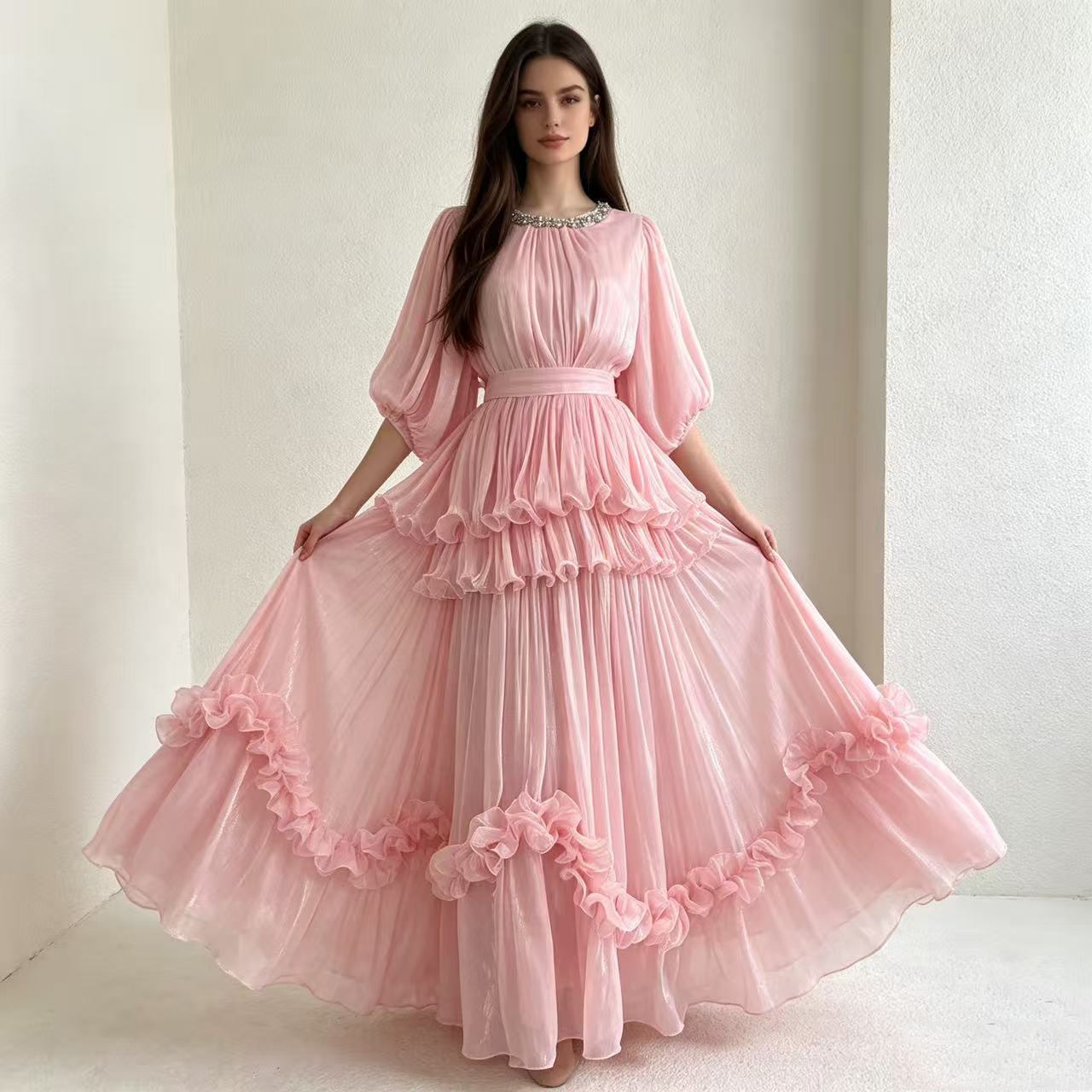 French court style bubble sleeve dress, women's waist cinched, ruffled cake skirt, elegant retro long skirt, formal dress French court style bubble sleeve dress, women's waist cinched, ruffled cake skirt, elegant retro long skirt, formal dress