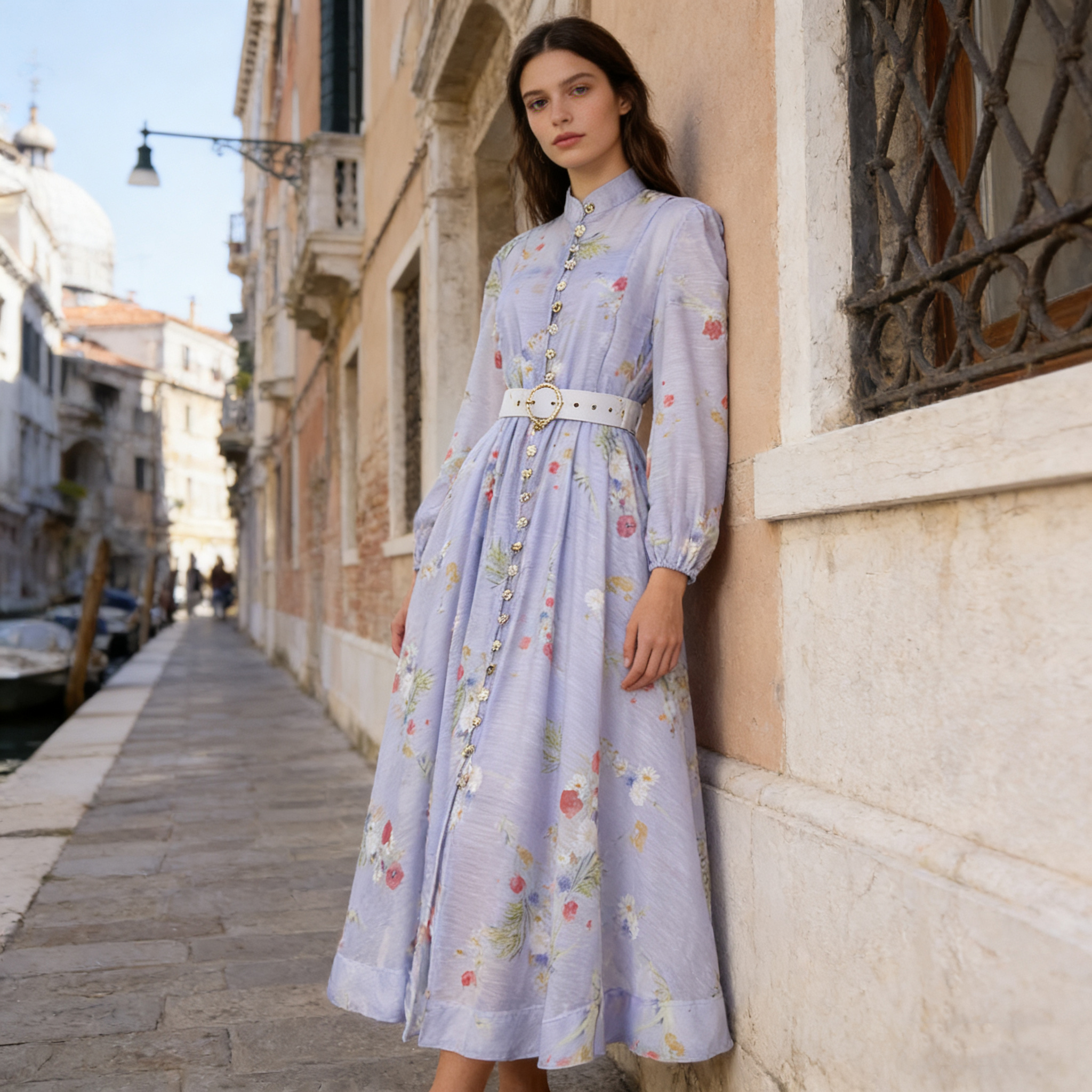 French high-end two-piece dress with retro print stand up collar lantern sleeves and waist cinching big swing dress, long skirt French high-end two-piece dress with retro print stand up collar lantern sleeves and waist cinching big swing dress, long skirt