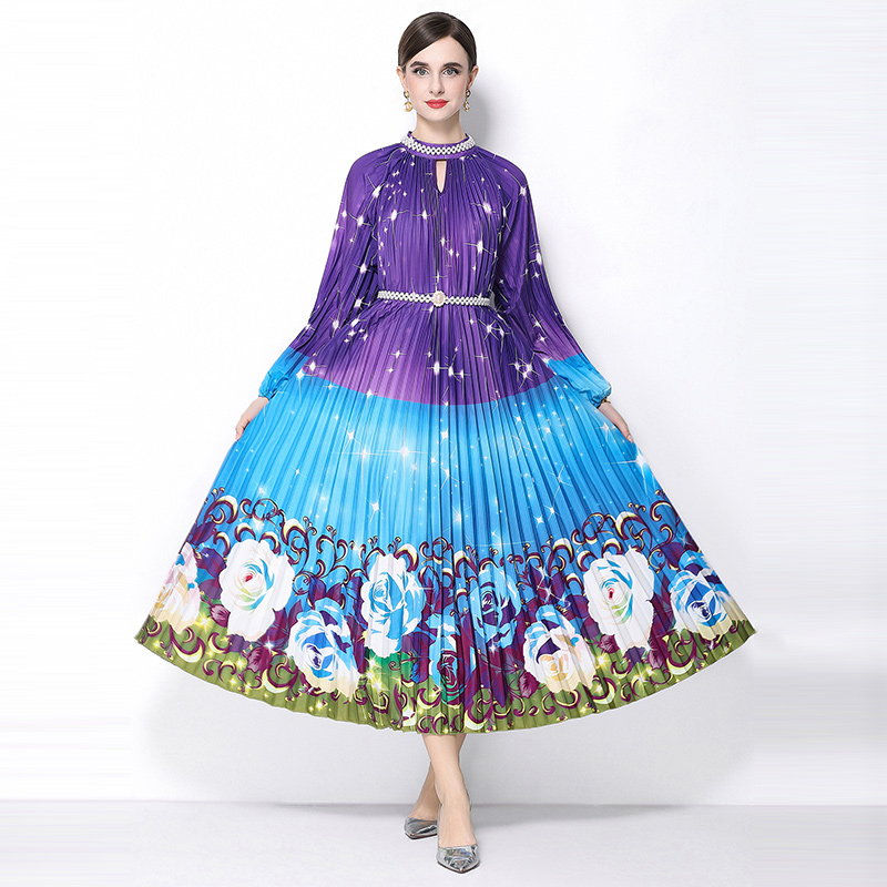 Original 2026 high-end nail bead positioning printed pleated pearl buckle pleated long skirt Original 2026 high-end nail bead positioning printed pleated pearl buckle pleated long skirt
