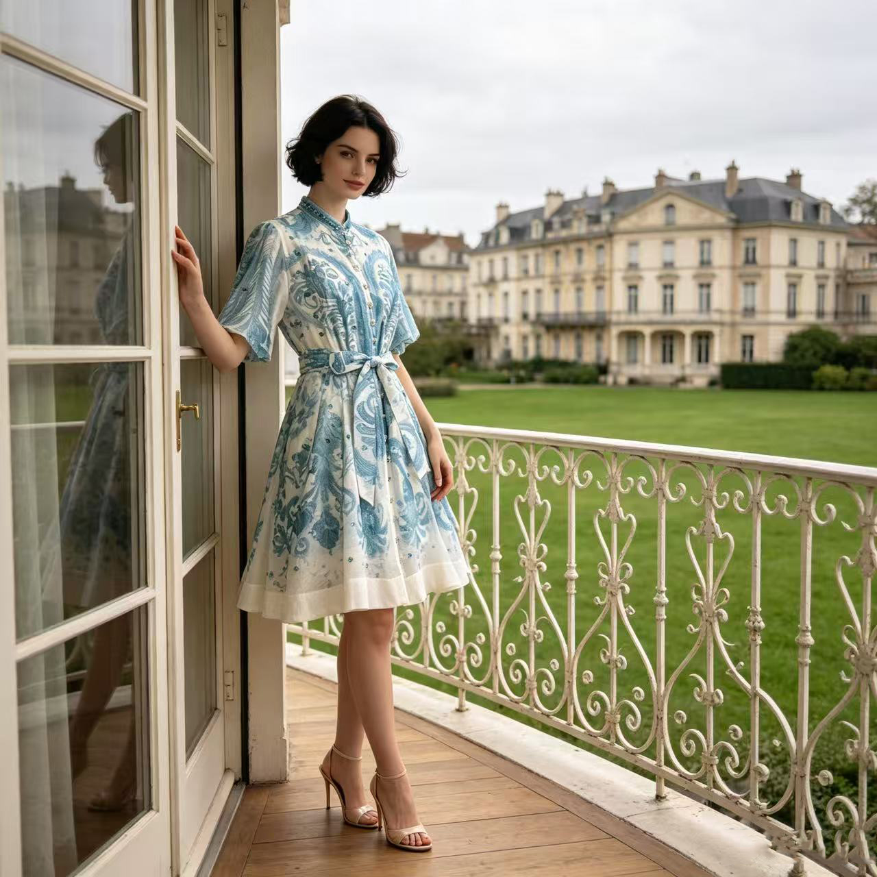 Australian vacation style summer new French retro printed bubble sleeves short sleeves studded diamond single breasted dress umbrella skirt Australian vacation style summer new French retro printed bubble sleeves short sleeves studded diamond single breasted dress umbrella skirt