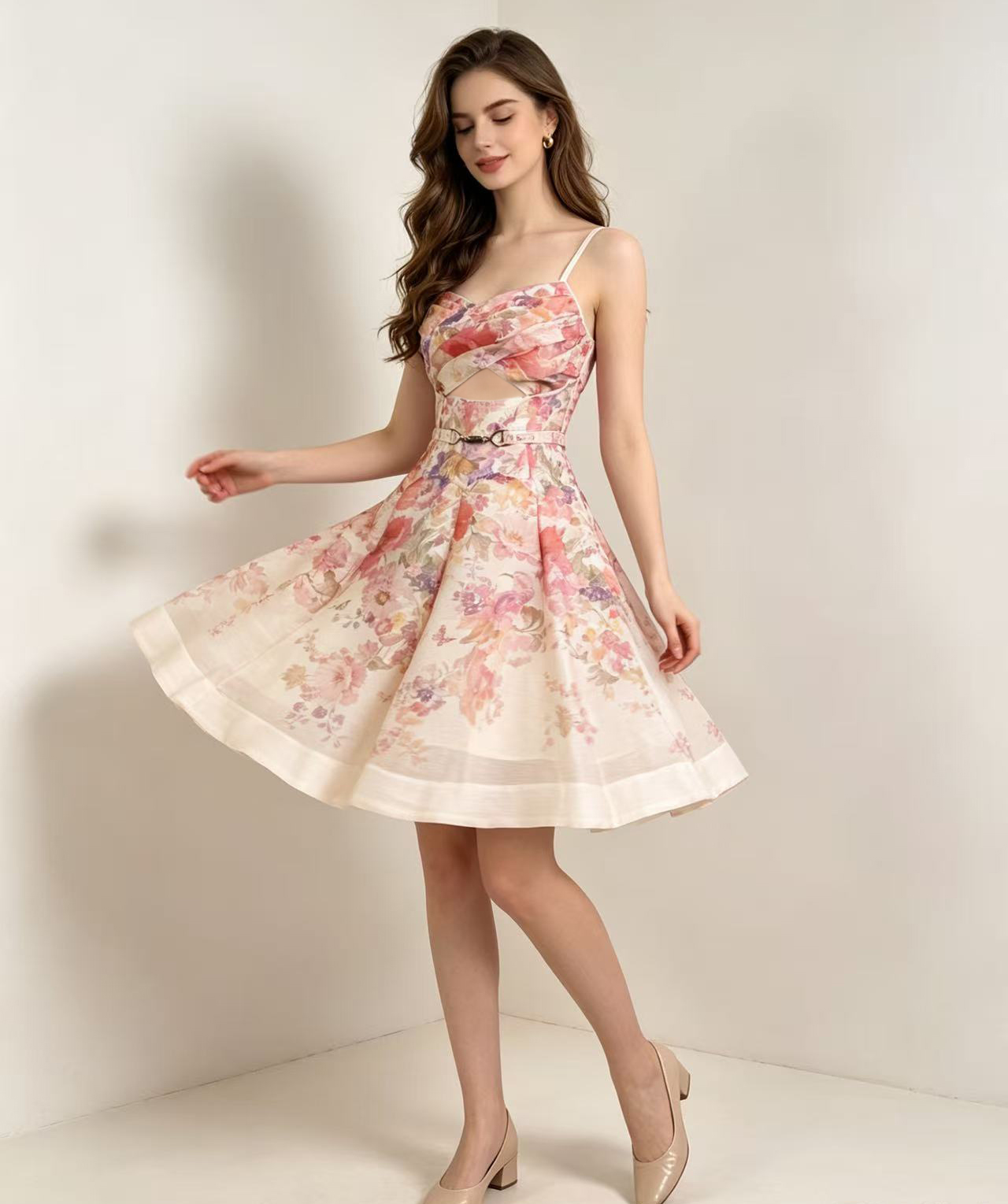 French style stunning pink printed sweet camisole dress for women in summer, hollowed out waist cinching and slimming, pleated and fluffy short skirt French style stunning pink printed sweet camisole dress for women in summer, hollowed out waist cinching and slimming, pleated and fluffy short skirt