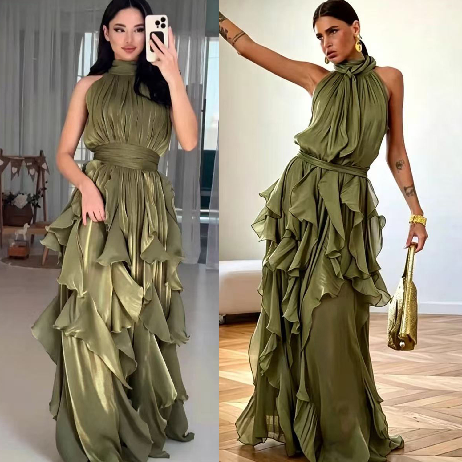 European and American socialite's luxurious sleeveless off shoulder sexy lace up ruffle edge splicing long dress dress