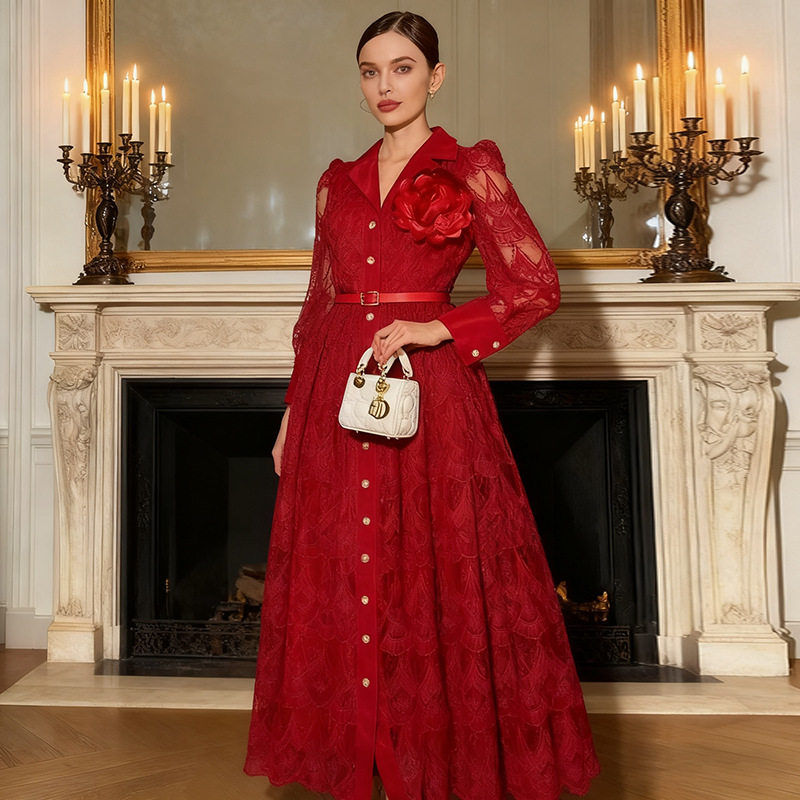 French socialite style heavy industry hollow embroidery dress for women 2026 new style single breasted buckle with waist belt, slimming long skirt French socialite style heavy industry hollow embroidery dress for women 2026 new style single breasted buckle with waist belt, slimming long skirt