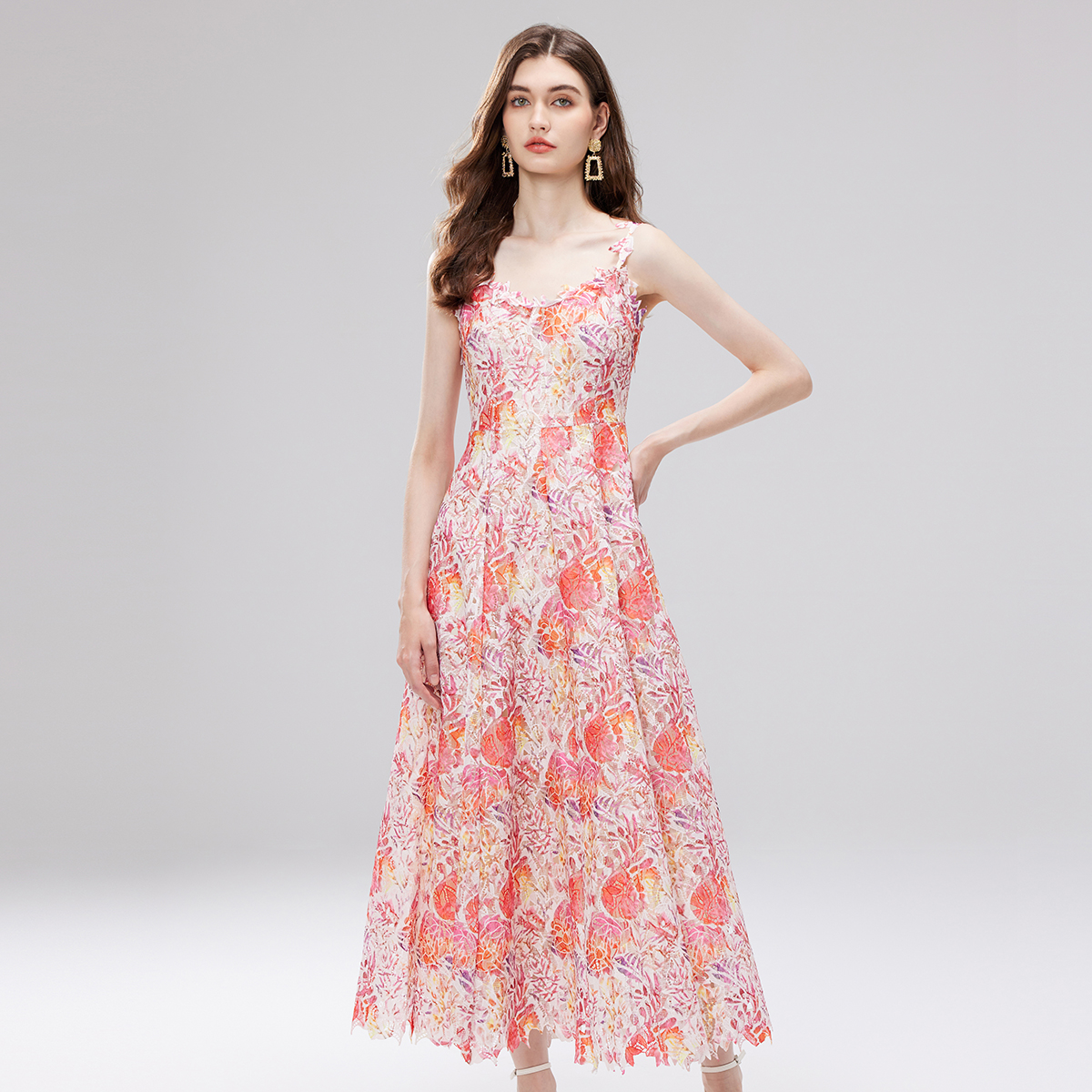 French style niche color three-dimensional flower hollow embroidery suspender skirt, water-soluble lace dress French style niche color three-dimensional flower hollow embroidery suspender skirt, water-soluble lace dress