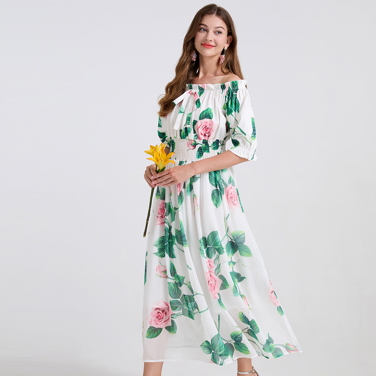 Real shot sexy one shoulder elastic waistband bow tie with printed large swing chiffon patchwork dress Real shot sexy one shoulder elastic waistband bow tie with printed large swing chiffon patchwork dress