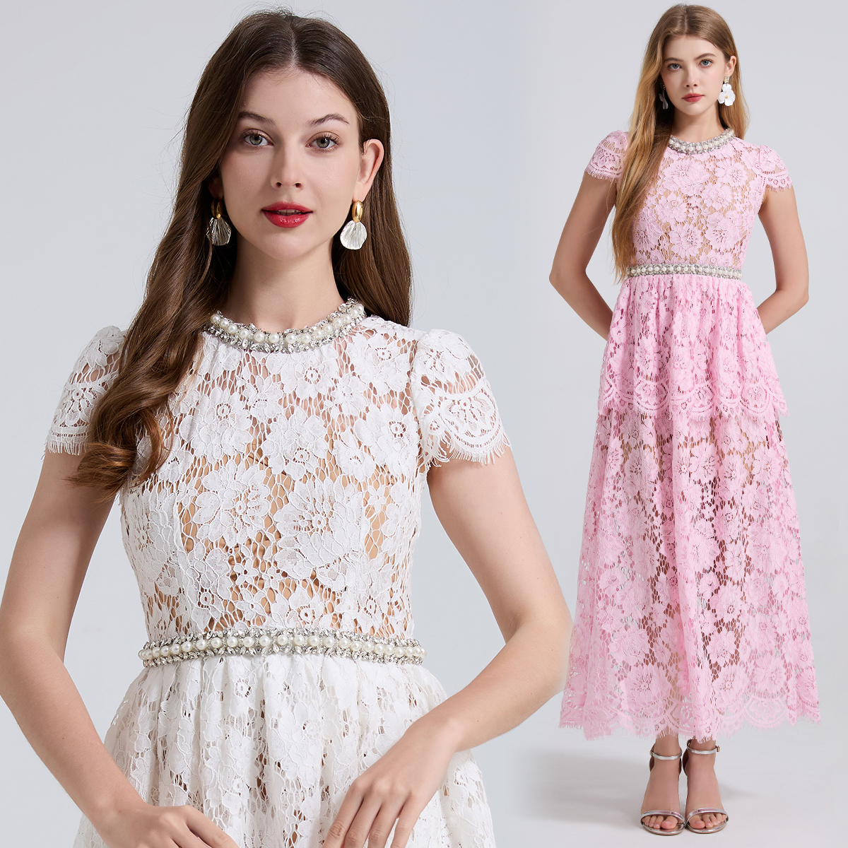 Real shot goddess Fan Heavy Industry white rhinestone pearl short sleeved cake dress high waisted long skirt