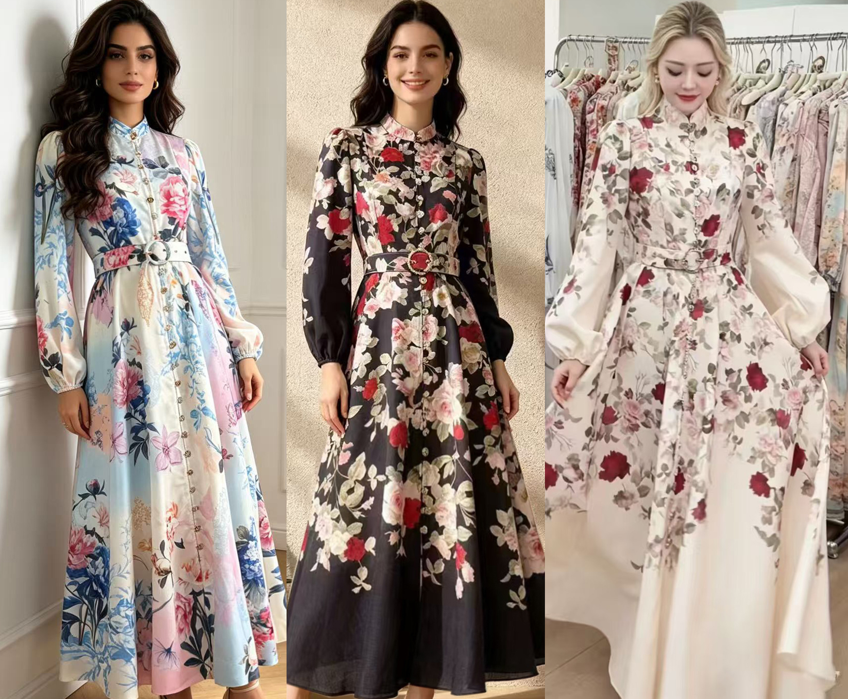 Australian new French retro style stand up collar lantern sleeve single breasted printed dress, four season new long skirt Australian new French retro style stand up collar lantern sleeve single breasted printed dress, four season new long skirt