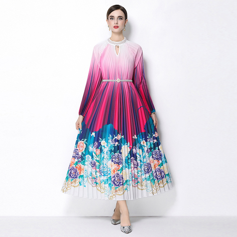 Original 2026 high-end nail bead positioning printed pleated pearl buckle pleated long skirt Original 2026 high-end nail bead positioning printed pleated pearl buckle pleated long skirt