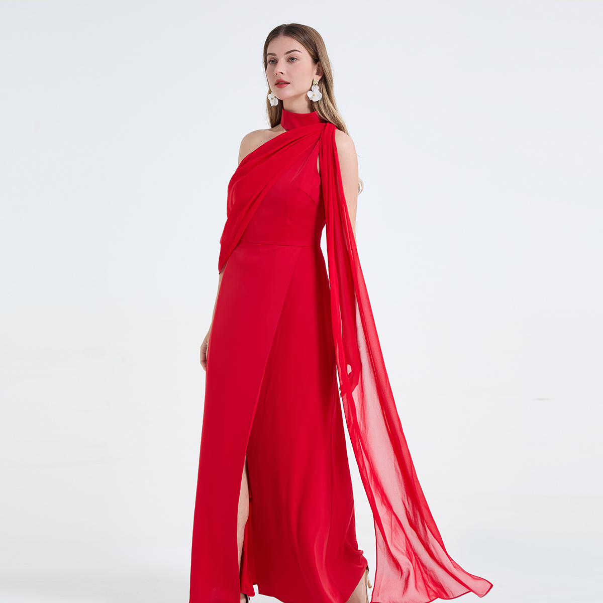 Real shot sexy slanted shoulder patchwork hanging neck high waist slit dress with elegant temperament slit dress Real shot sexy slanted shoulder patchwork hanging neck high waist slit dress with elegant temperament slit dress