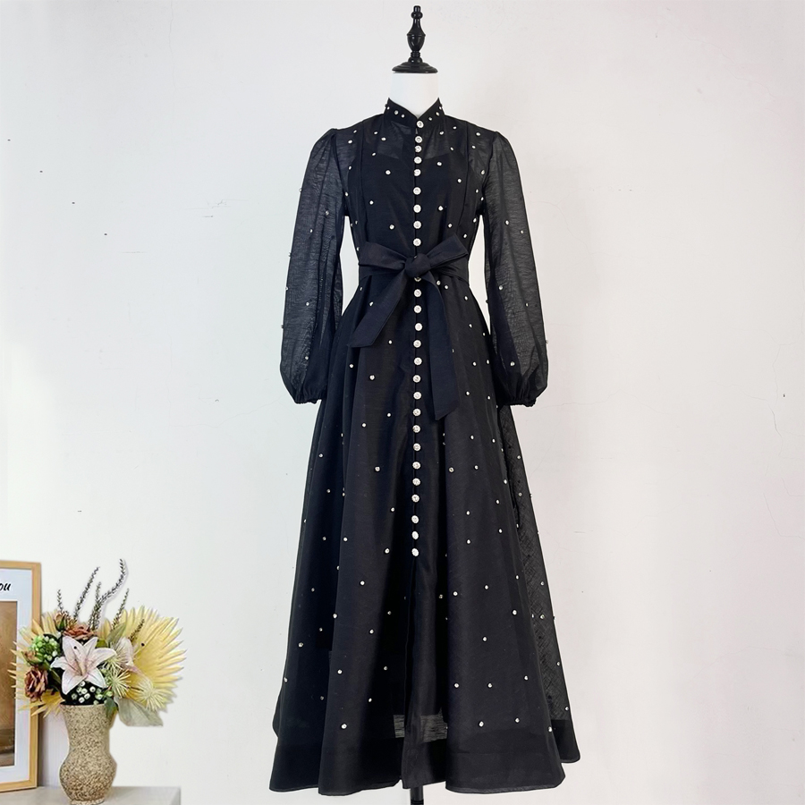 Australian retro print stand up collar lantern sleeves long sleeves heavy studded diamonds elegant socialite temperament two-piece dress long Australian retro print stand up collar lantern sleeves long sleeves heavy studded diamonds elegant socialite temperament two-piece dress long