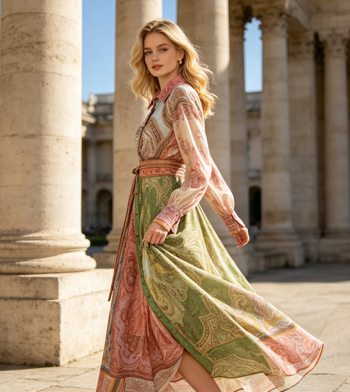 Australian vacation French court style new color block splicing lantern sleeve shirt skirt cinched waist dress long skirt Australian vacation French court style new color block splicing lantern sleeve shirt skirt cinched waist dress long skirt