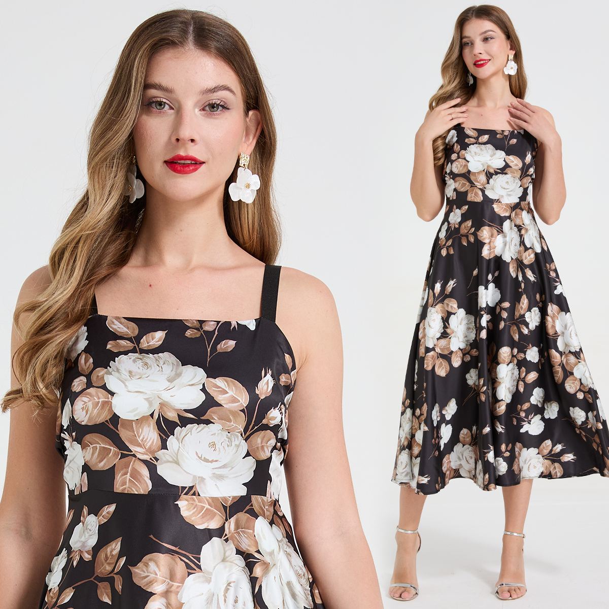 Real shot French retro white rose print elegant temperament eye-catching goddess big skirt suspender long skirt