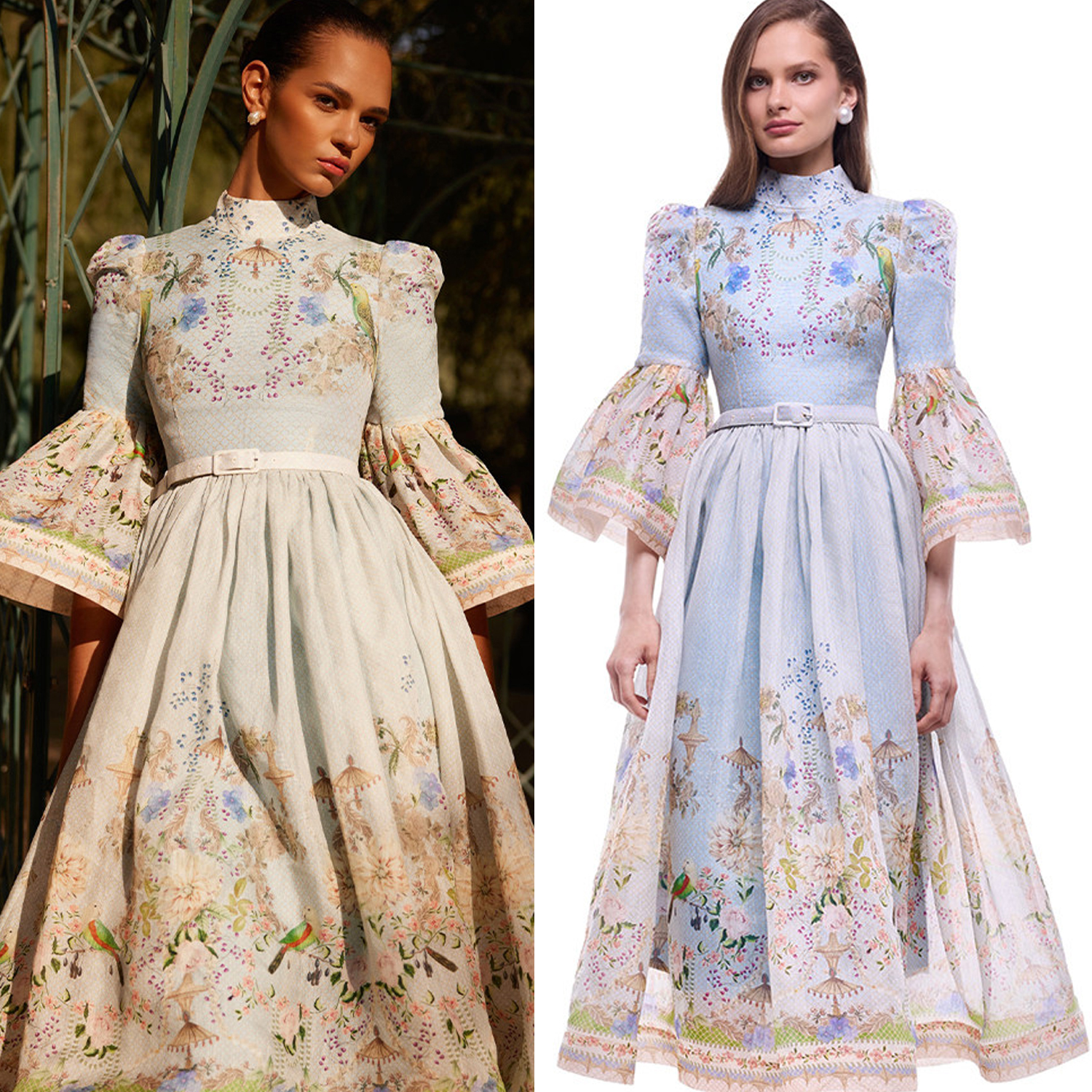 French retro positioning printed stand up collar five quarter flared sleeves slim fit waist cinching big swing dress summer vacation style long skirt