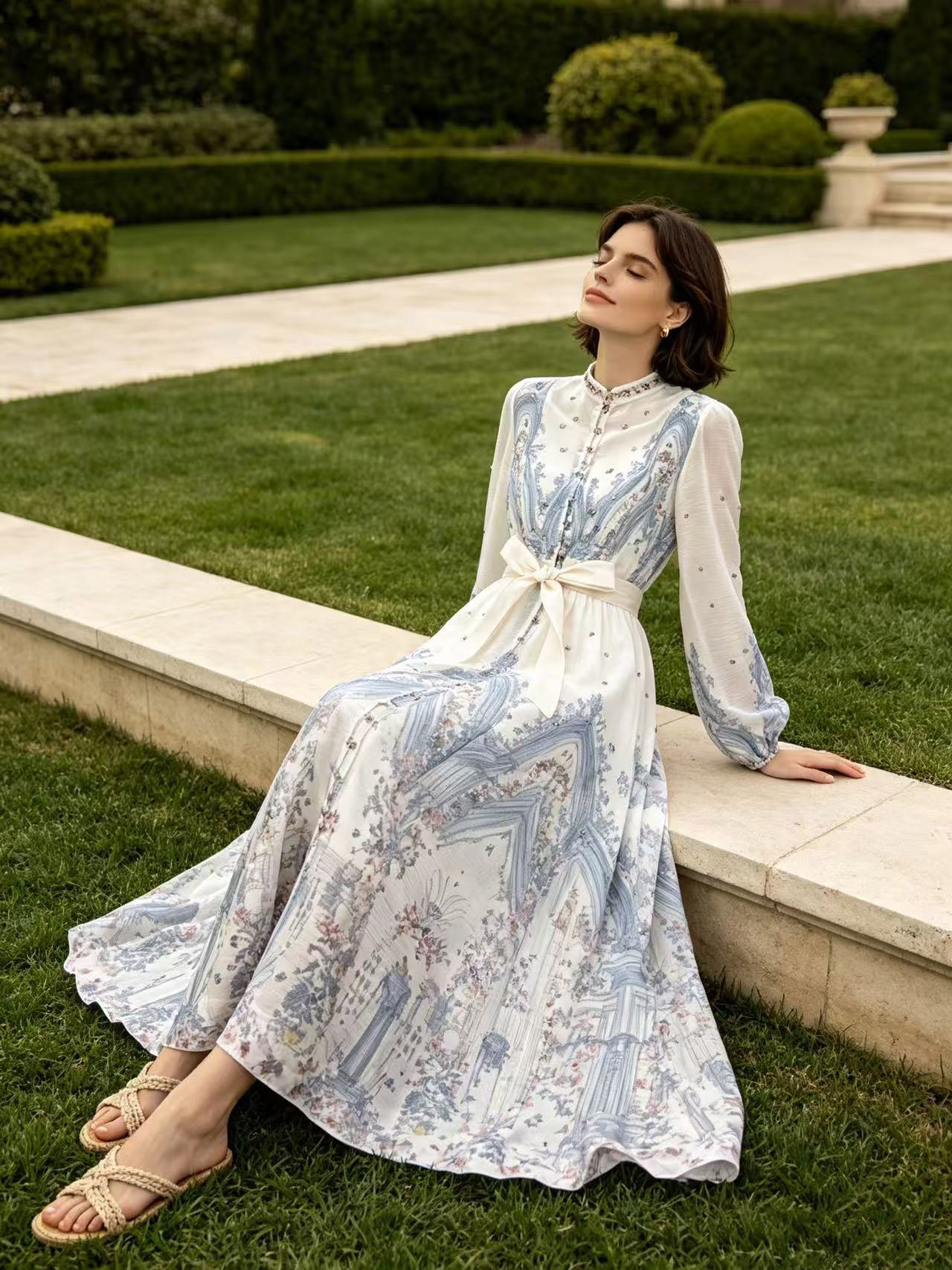 Australian retro print stand up collar lantern sleeves long sleeves heavy studded diamonds elegant socialite temperament two-piece dress long Australian retro print stand up collar lantern sleeves long sleeves heavy studded diamonds elegant socialite temperament two-piece dress long