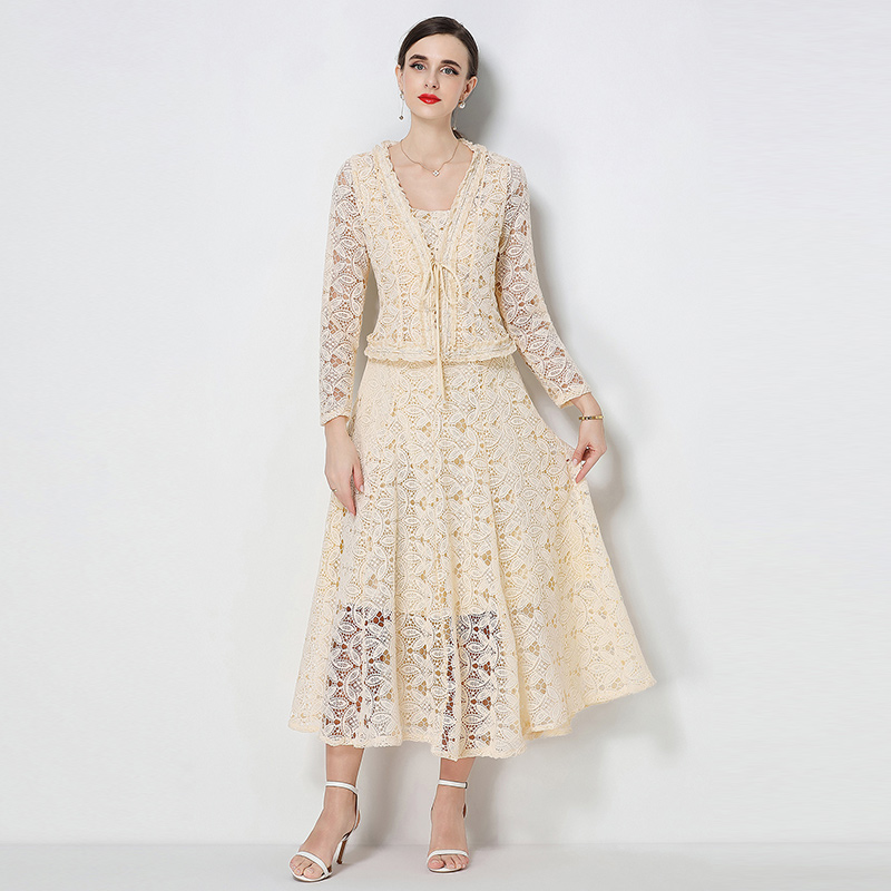 Water soluble lace slim fit sleeveless long skirt with ruffled edges and high waisted coat for elegant socialite two-piece set Water soluble lace slim fit sleeveless long skirt with ruffled edges and high waisted coat for elegant socialite two-piece set