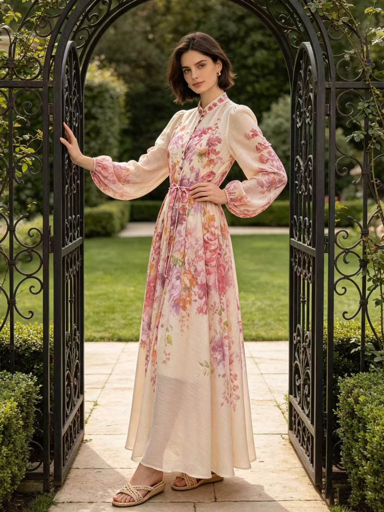 European and American elegant temperament, high-end feeling, heavy industry flower decoration, single breasted button, waist cinching, large swing, long skirt, women's dress European and American elegant temperament, high-end feeling, heavy industry flower decoration, single breasted button, waist cinching, large swing, long skirt, women's dress