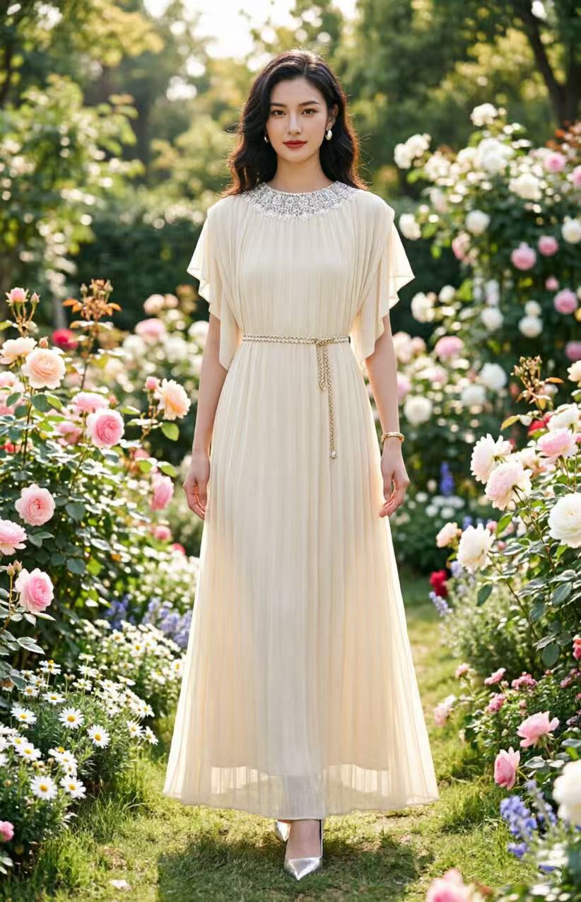 Heavy industry nail bead temperament dress with flying sleeves, fairy girl dress
