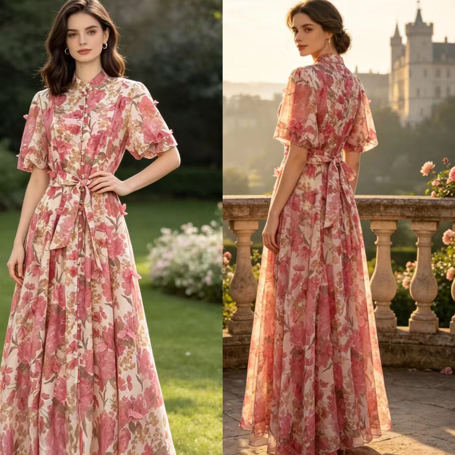Australian new retro printed elegant socialite temperament heavy three-dimensional flower single breasted waist slimming dress
