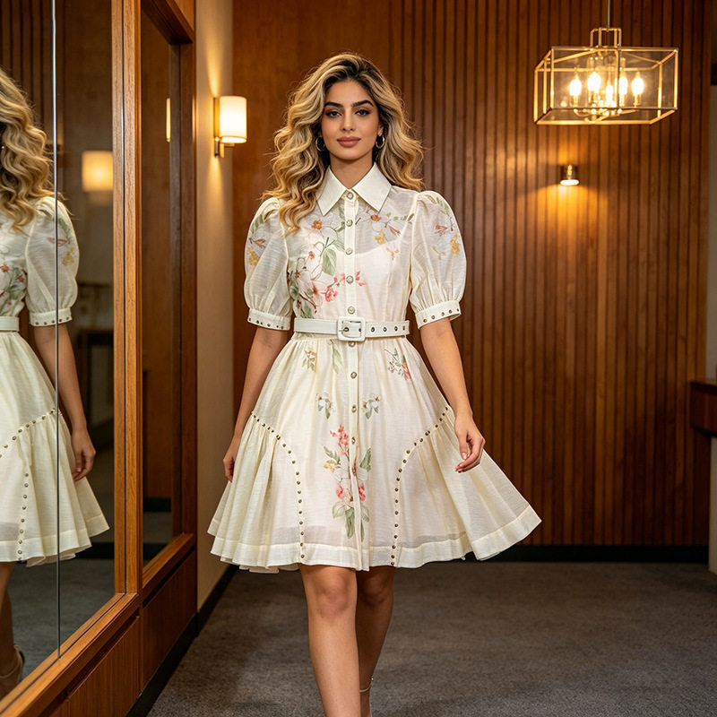 European and American fashion trend explosive temperament commuting OL style high-end short sleeved printed slimming A-line fluffy dress European and American fashion trend explosive temperament commuting OL style high-end short sleeved printed slimming A-line fluffy dress