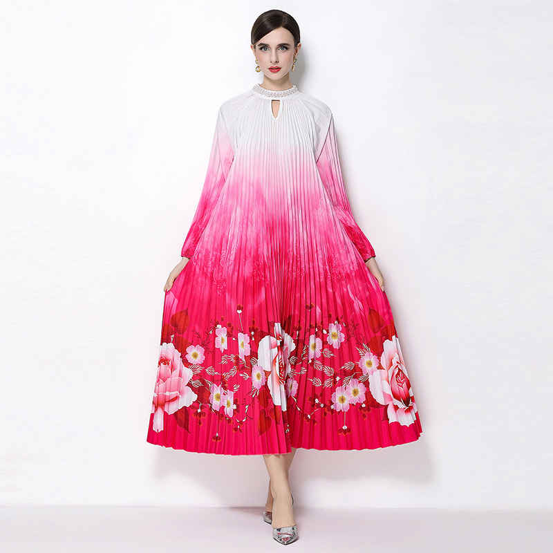 Original 2026 high-end nail bead positioning printed pleated pearl buckle pleated long skirt Original 2026 high-end nail bead positioning printed pleated pearl buckle pleated long skirt