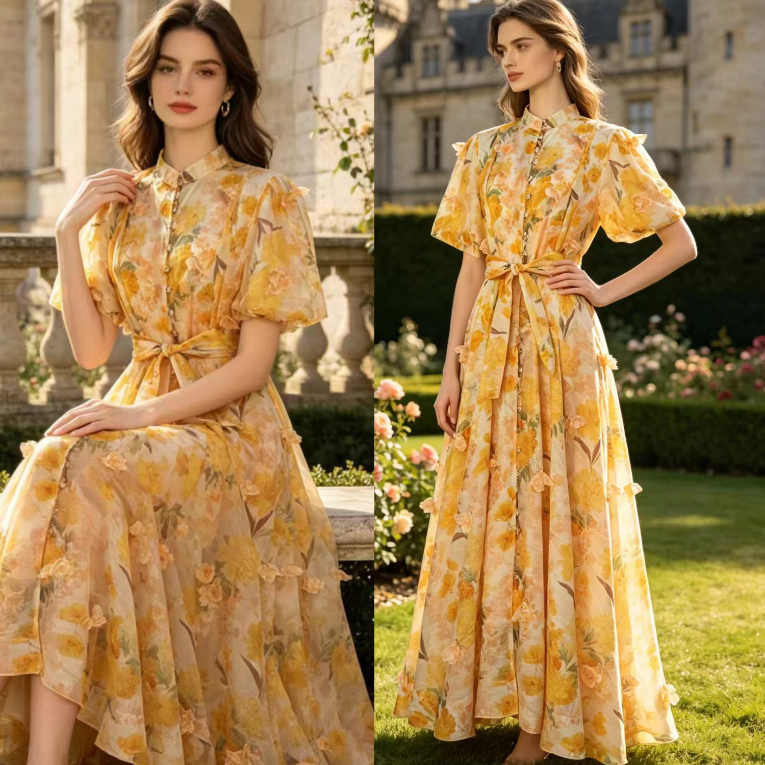 Australian New Elegant Women's Retro Printed Heavy duty Handmade Flower Decoration Waist Swing Dress Long Skirt