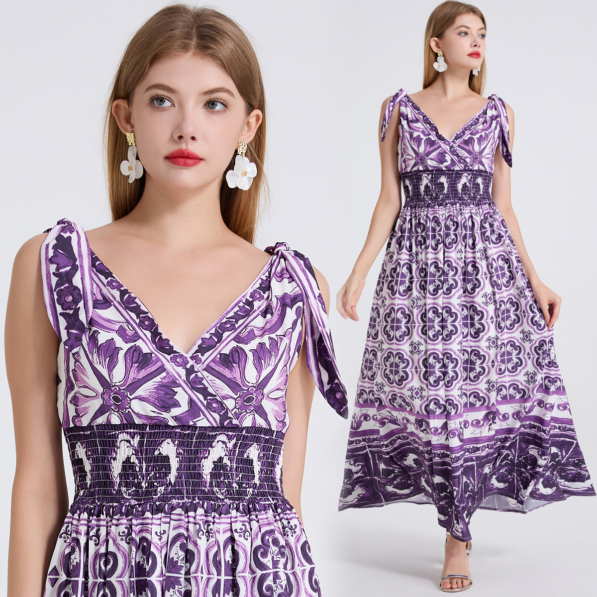 Sexy V-neck positioning printed elastic high waisted dress with bow tie and tie, slim fit large swing skirt