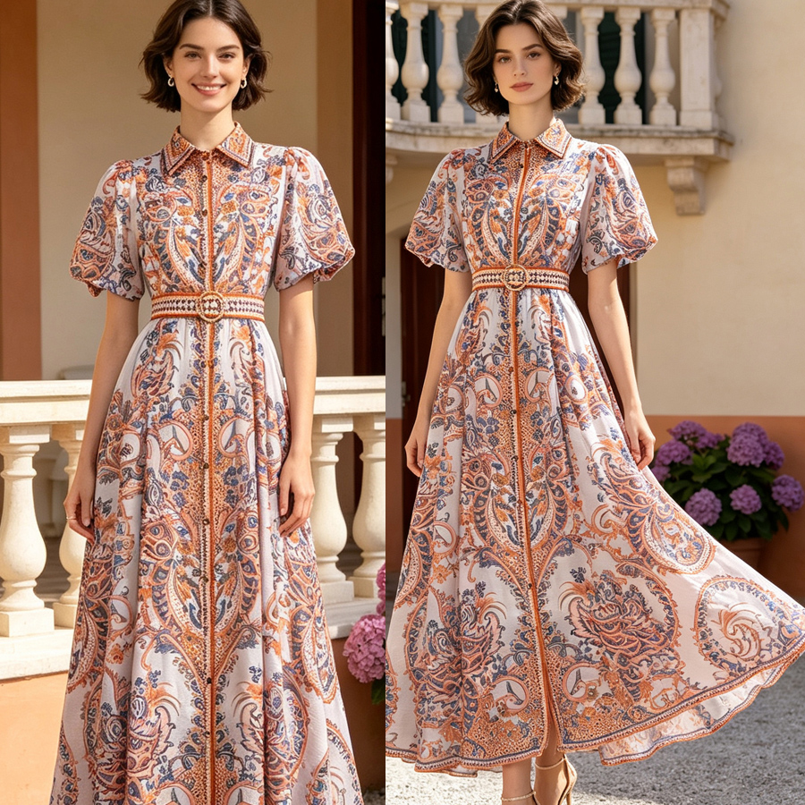 Australian retro printed elegant socialite temperament with a lapel and bubble sleeves, short sleeved summer waist slimming dress, long skirt Australian retro printed elegant socialite temperament with a lapel and bubble sleeves, short sleeved summer waist slimming dress, long skirt