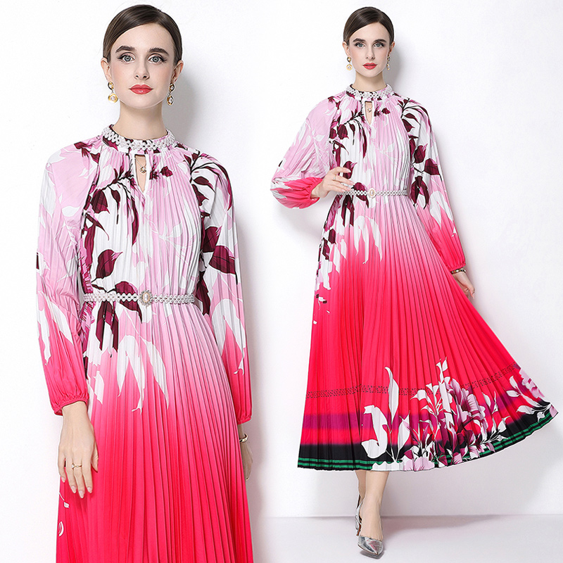 Original 2026 high-end nail bead positioning printed pleated pearl buckle pleated long skirt