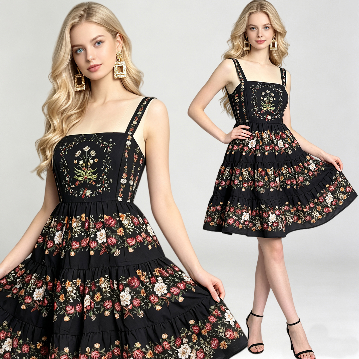 Summer new product positioning: printed camisole vest, cotton and linen dress, high waist slim fit A-line skirt