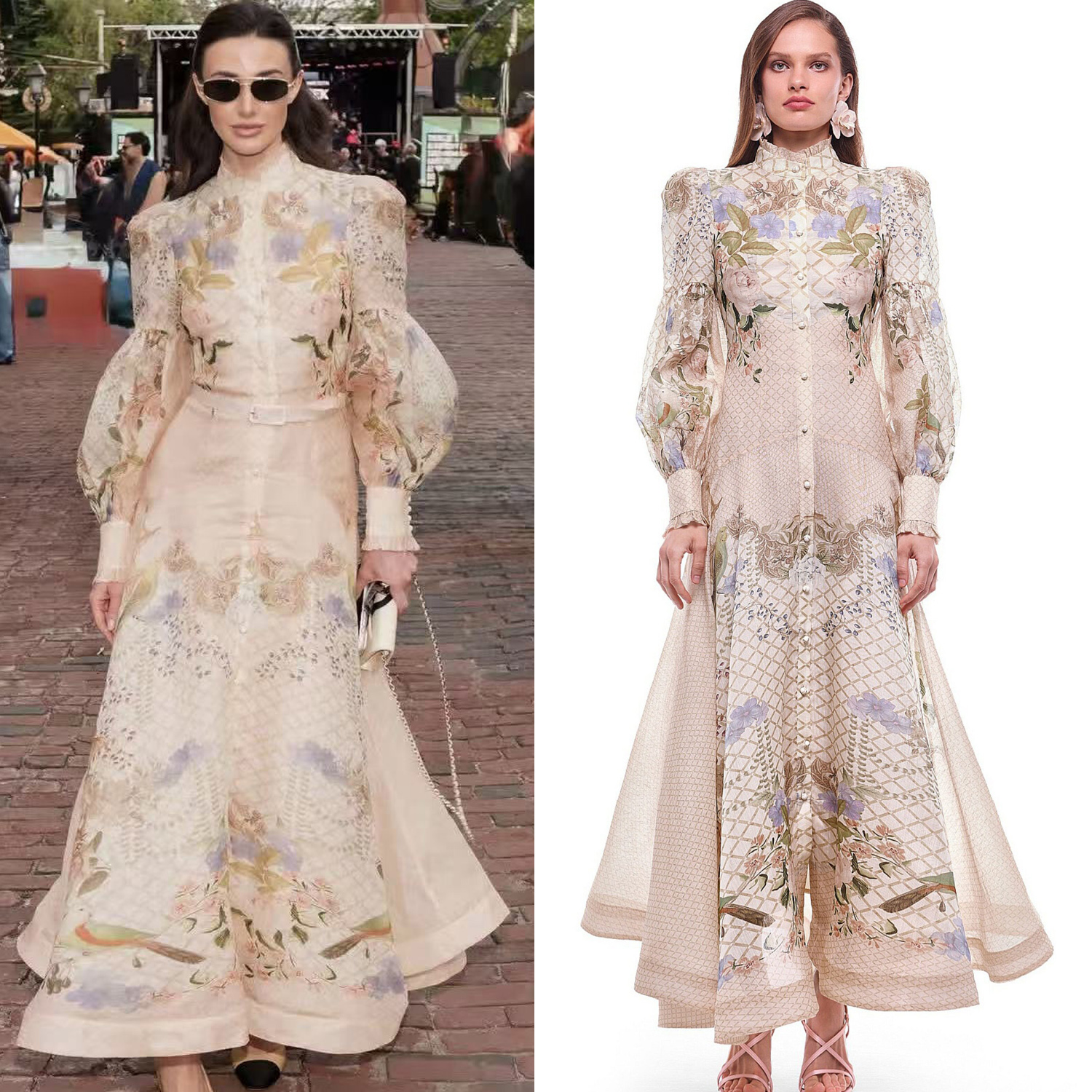 French retro Rococo court style grid printed light apricot dress with autumn stand collar and bubble sleeves, large swing long skirt